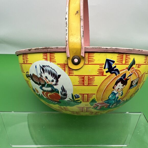Vintage J Chein Easter Tin Toy Basket Storybook Characters Made in USA 1950s - Picture 3 of 8